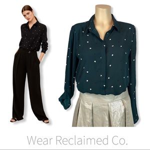 Dark Teal Green Button Down Blouse w/ Heart Print
